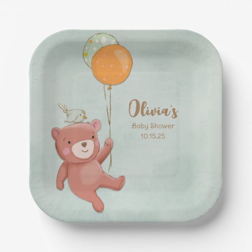 Teddy Bear Bird and Balloons Baby Shower Paper Plates