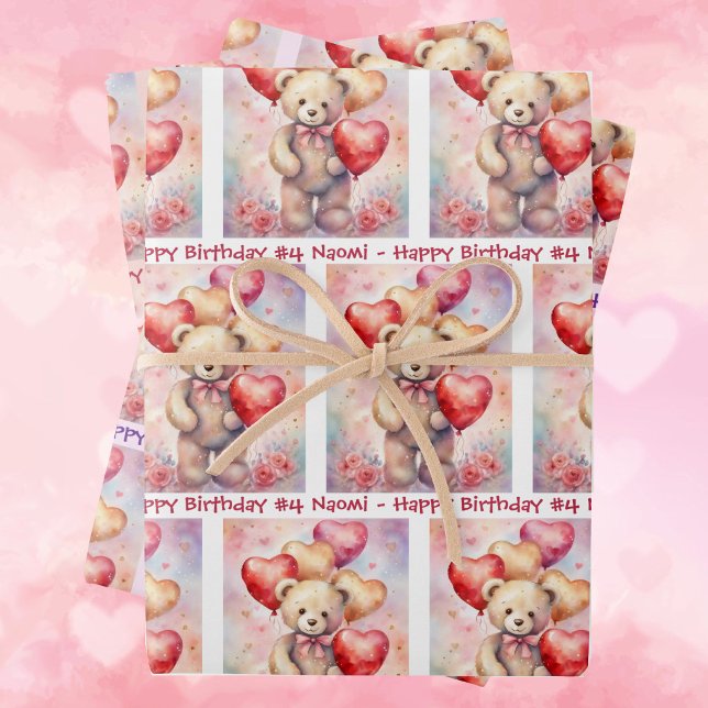 Teddy Bear Birthday Balloons Child's Name & Age Wrapping Paper Sheets (Creator Uploaded)