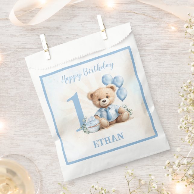 Teddy Bear Birthday Boy Blue Beige Favor Bag  (Clipped)