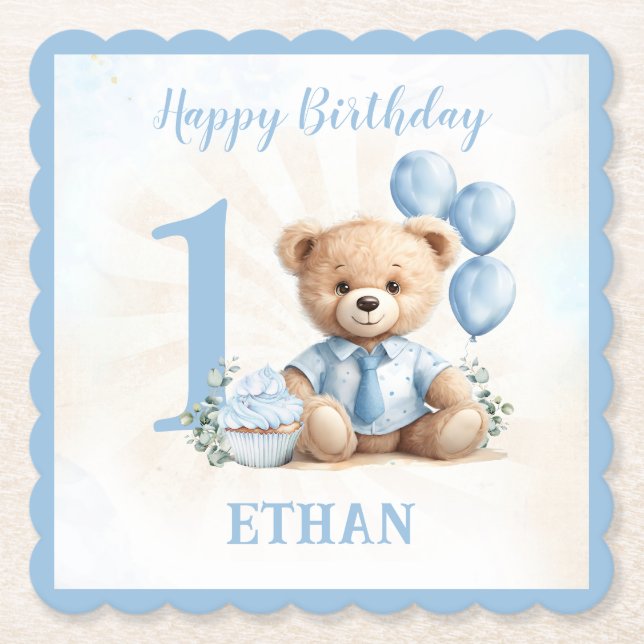 Teddy Bear Birthday Boy Blue Beige Paper Coaster  (Front)
