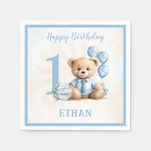 Teddy Bear Birthday Boy Blue Beige Paper Napkins