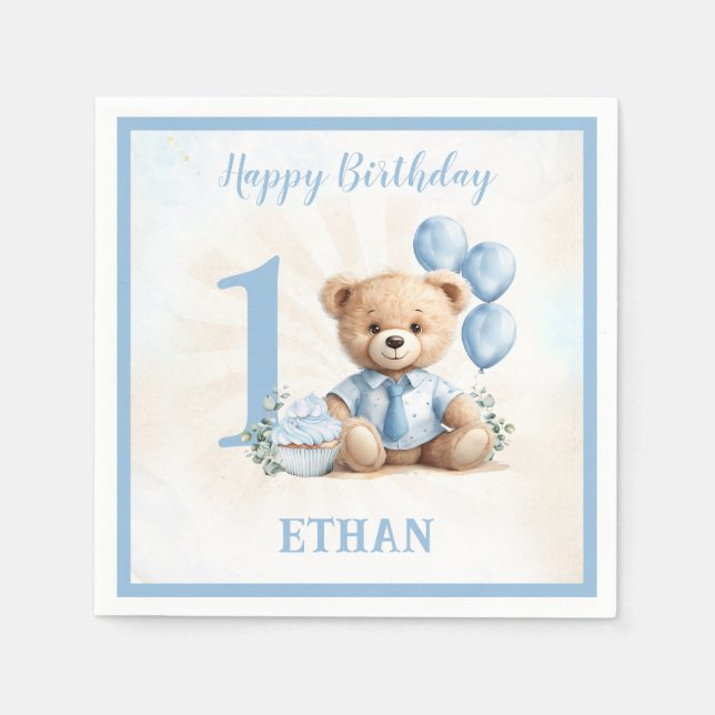 Teddy Bear Birthday Boy Blue Beige Paper Napkins (Front)