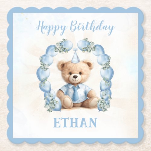 Teddy Bear Birthday Boy Blue Paper Coaster 