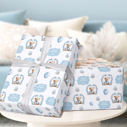 Teddy Bear Birthday Boy Name Blue Wrapping Paper