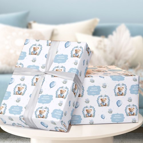 Teddy Bear Birthday Boy Name Blue Wrapping Paper