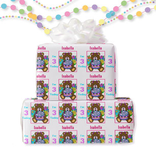Teddy Bear Birthday Cake Name Age Pink Wrapping Paper