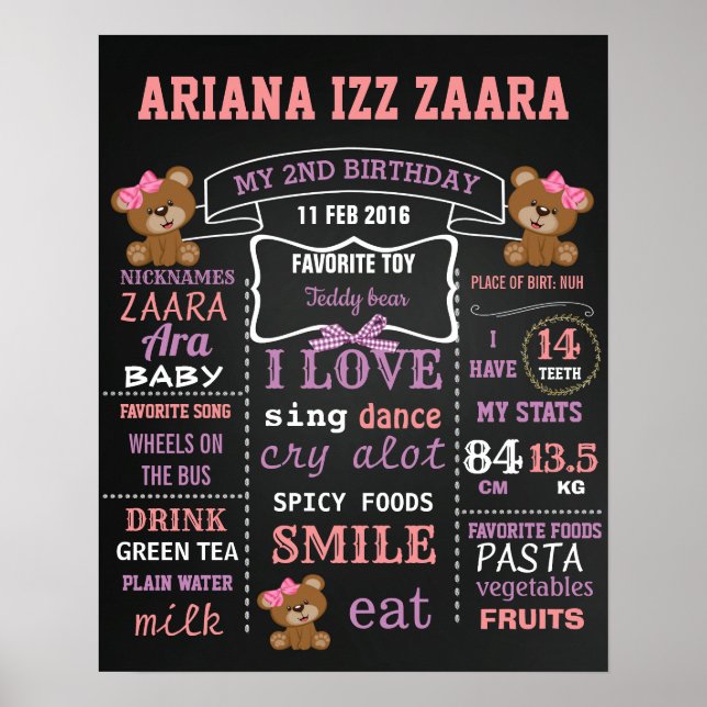 Teddy Bear Birthday chalk board sign poster (Front)