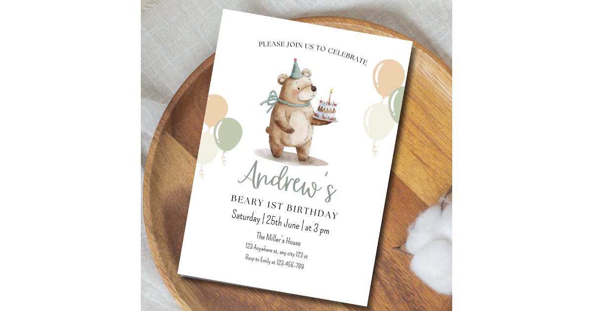 Teddy Bear Birthday Invitation, Beary 1st Birthday Invitation | Zazzle