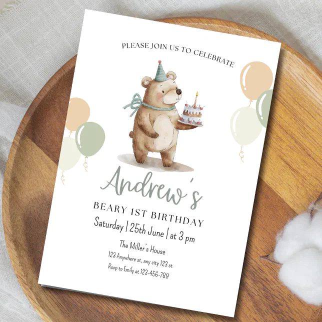 Teddy Bear Birthday Invitation, Beary 1st Birthday Invitation | Zazzle