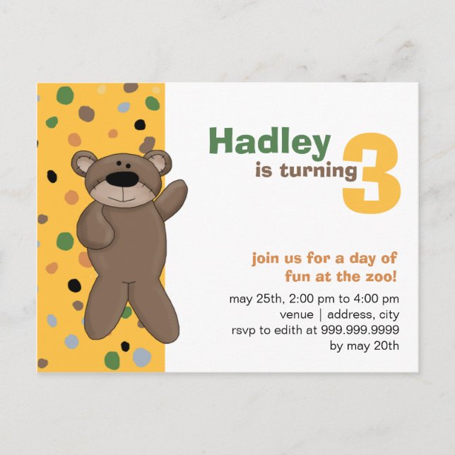Teddy Bear • Birthday Invitation Postcard (Front)