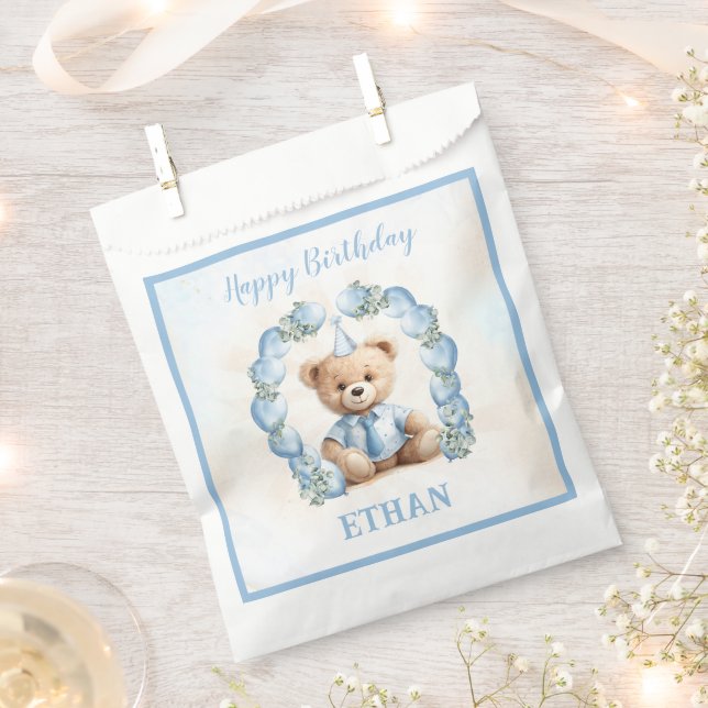 Teddy Bear Birthday Little Boy Blue Favor Bag (Clipped)