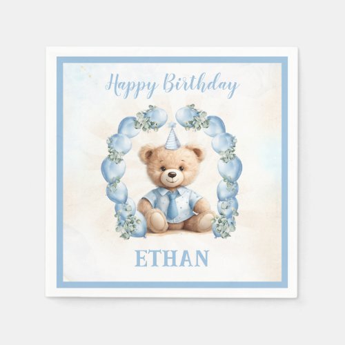 Teddy Bear Birthday Little Boy Blue Paper Napkins