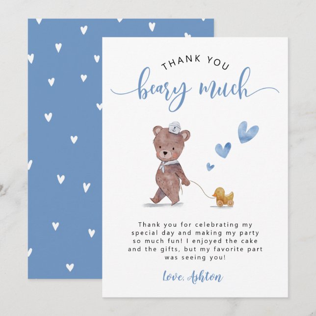 Teddy Bear Birthday Party Blue Thank You Card (Front/Back)