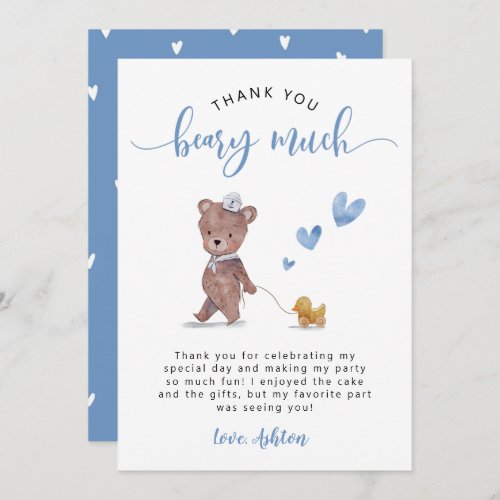 Teddy Bear Birthday Party Blue Thank You Card