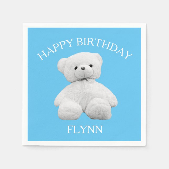Teddy bear birthday party custom baby blue napkins (Front)