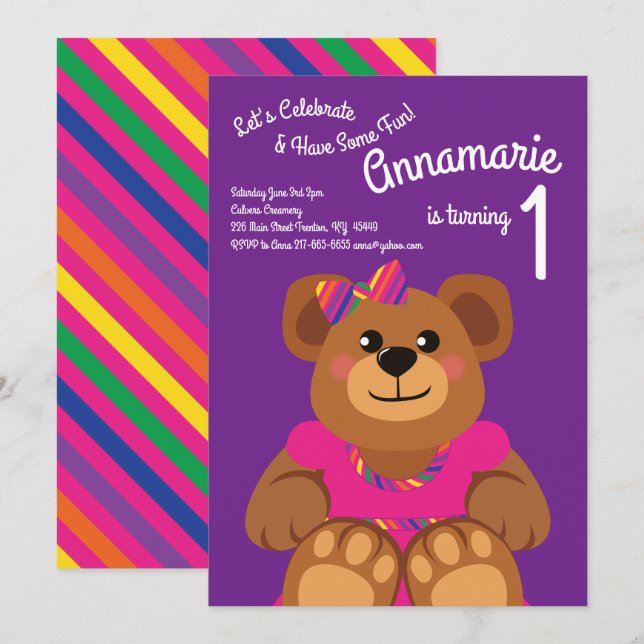 Teddy Bear Birthday Party Girls Pink Invitation (Front/Back)