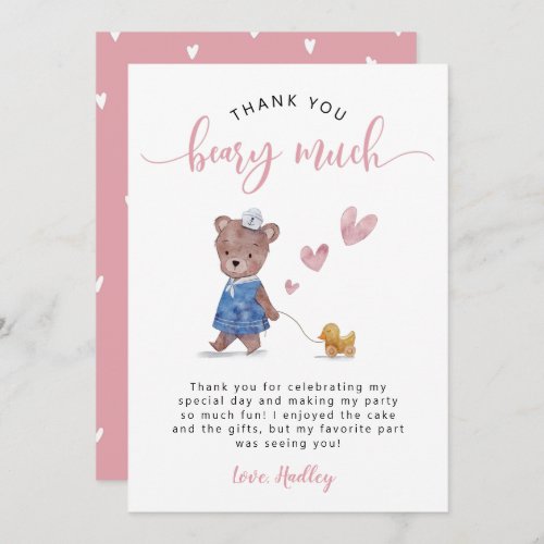 Teddy Bear Birthday Party Pink Thank You Card