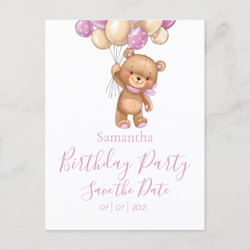 Teddy Bear Birthday Party Save the Date Pink Girl Postcard