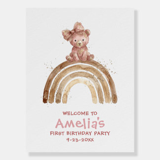 Teddy Bear Birthday Watercolor Boho Bow Arc Art Foam Board