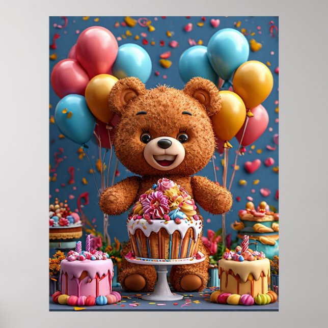Teddy Bear Birthday With Cake And Balloons For Kid Poster (Front)