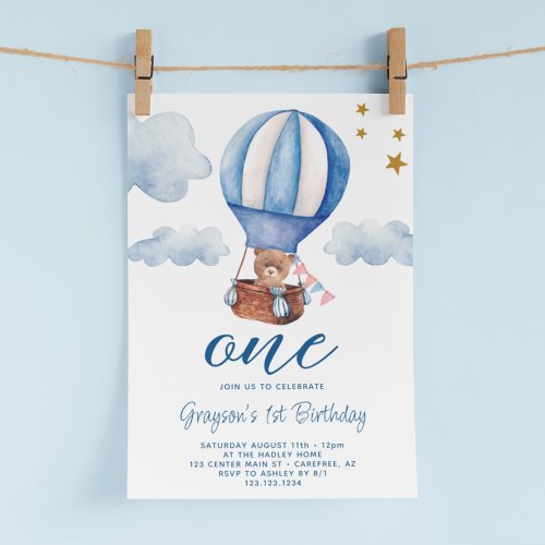 Teddy Bear Blue 1st Birthday Invitation