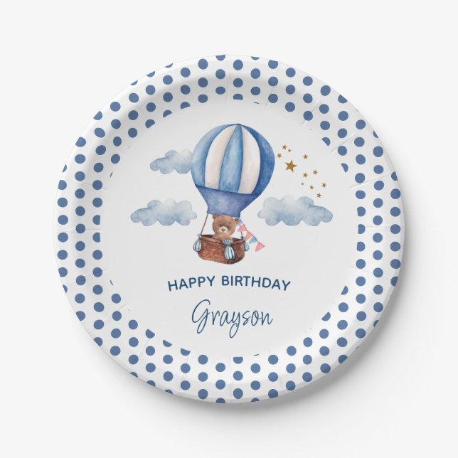 Teddy Bear Blue 1st Birthday Paper Plates (Front)