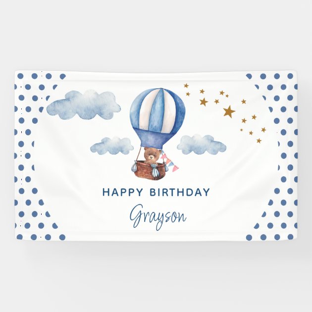 2x Personalized Blue Photo Baby Birthday Banners – Large Party Poster With Teddy Bear Design, Customizable, UK Made