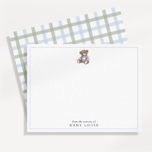 Teddy Bear Blue and Green Plaid Preppy Note card