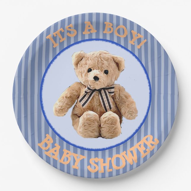 Teddy Bear Blue and Tan Polka Dotted Party Plate (Front)