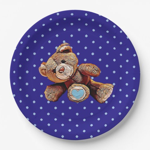 Teddy Bear Blue and Tan Polka Dotted Party Plate