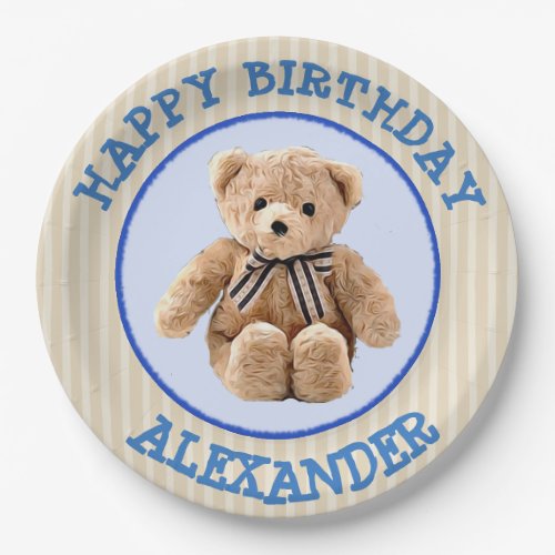 Teddy Bear Blue and Tan Polka Dotted Party Plate