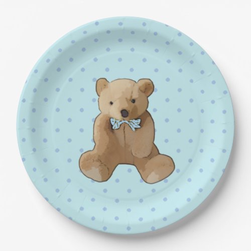 Teddy Bear Blue and Tan Polka Dotted Party Plate