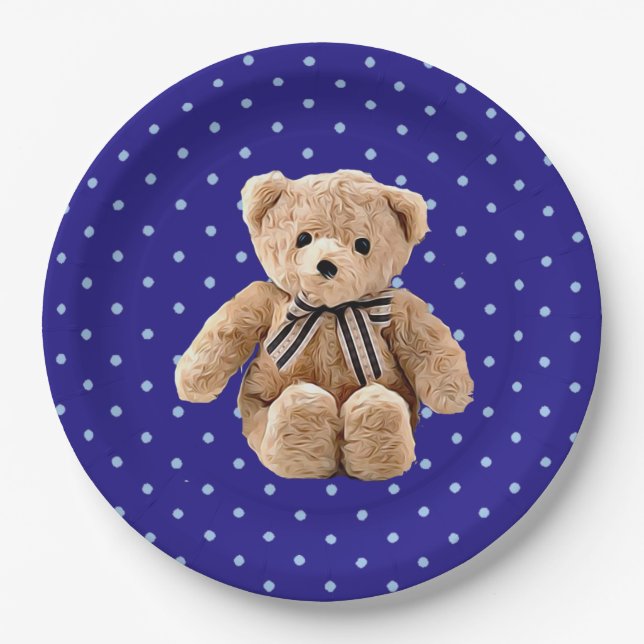Teddy Bear Blue and Tan Polka Dotted Party Plate (Front)
