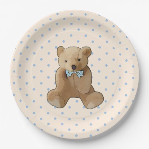 Teddy Bear Blue and Tan Polka Dotted Party Plate