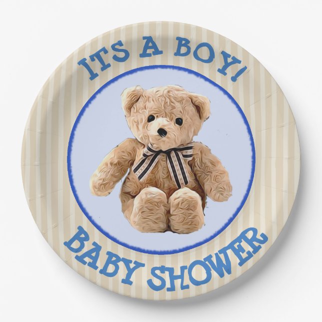 Teddy Bear Blue and Tan Polka Dotted Party Plate (Front)