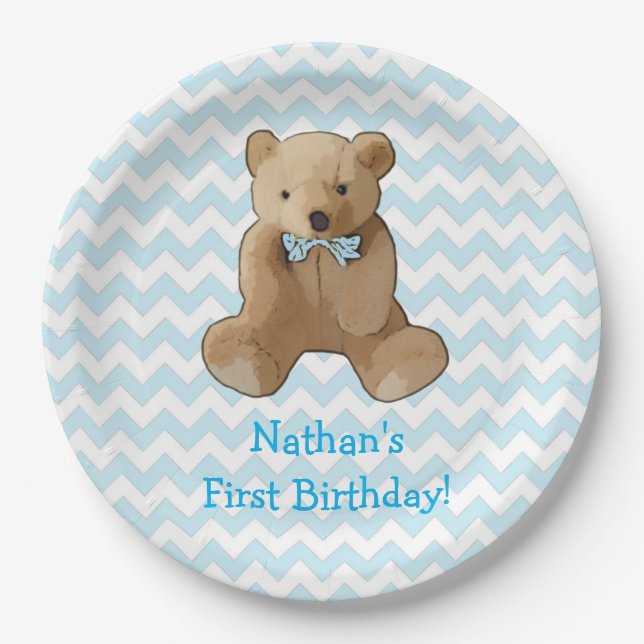 Teddy Bear Blue and White Striped Party Plate (Front)