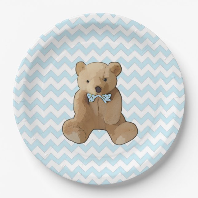 Teddy Bear Blue and White Striped Party Plate (Front)