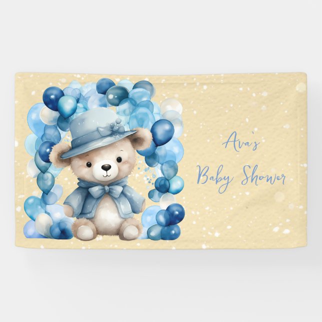 Teddy Bear Blue Arch Balloons Boy Baby Shower Banner (Horizontal)