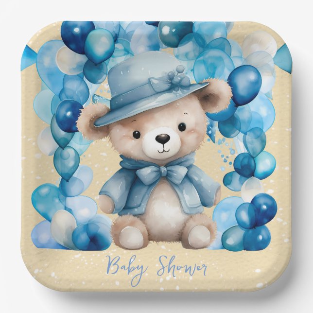 Teddy Bear Blue Arch Balloons Boy Baby Shower Paper Plates (Front)