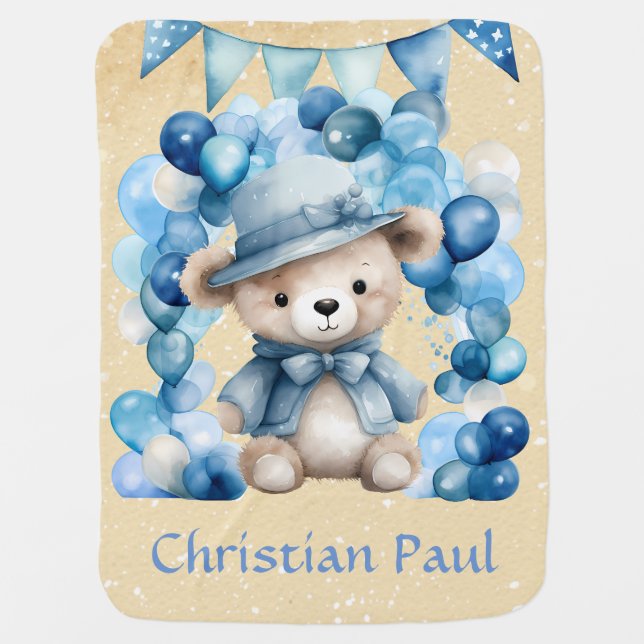 Teddy Bear Blue Arch Balloons Boy Custom Baby Blanket (Front)