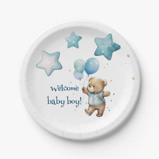 Teddy Bear blue baby boy shower plates (Front)