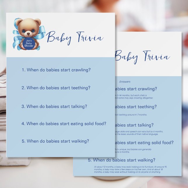 Teddy Bear Blue Baby Shower Baby Trivia Game Foam Board (Creator Uploaded)