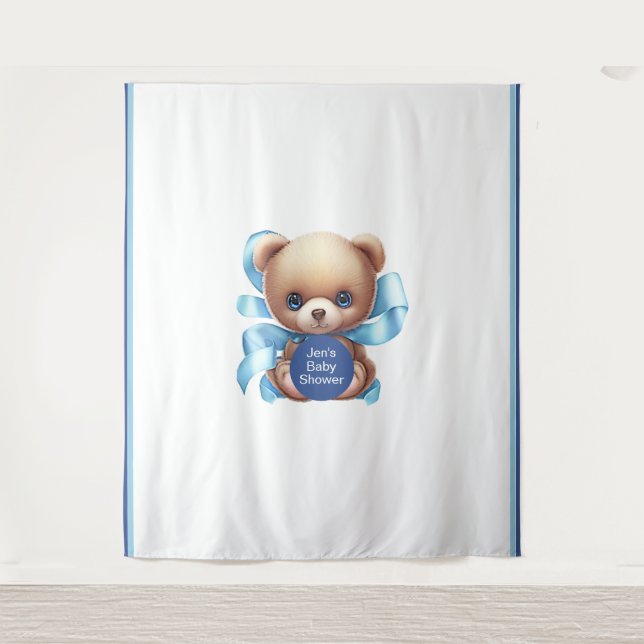 Teddy Bear Blue Baby Shower Backdrop Tapestry (Front)