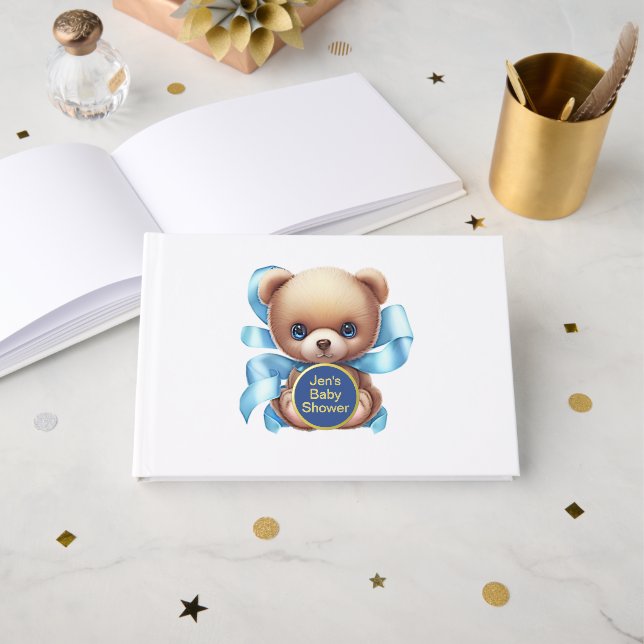 Teddy Bear Blue Baby Shower Foil Guest Book (Front Open)