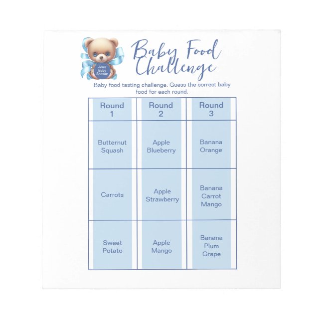 Teddy Bear Blue Baby Shower Food Challenge Game Notepad (Front)