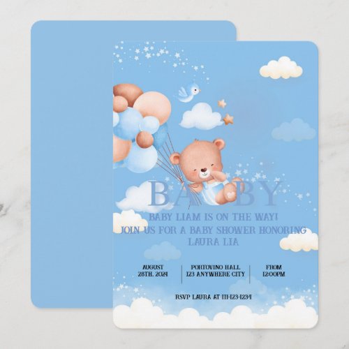 TEDDY BEAR BLUE BABY SHOWER INVITATION
