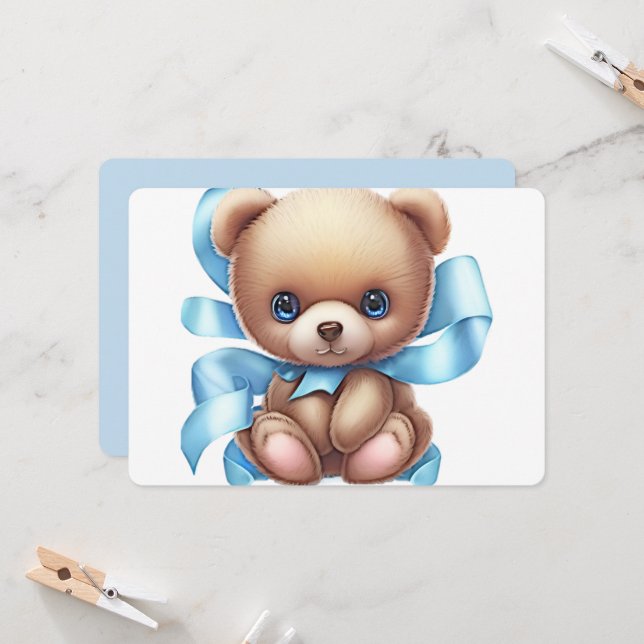 Teddy Bear Blue Baby Shower Invitation (Front/Back In Situ)