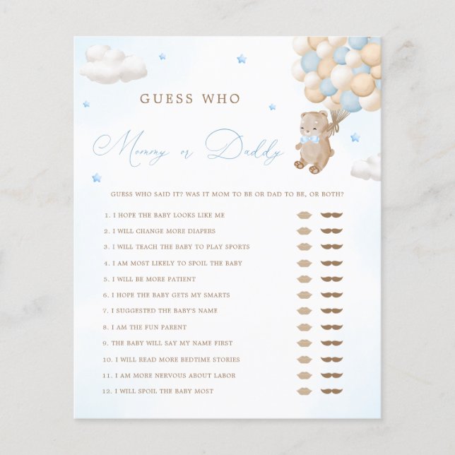Teddy Bear Blue Baby Shower Mommy or Daddy Game (Front)