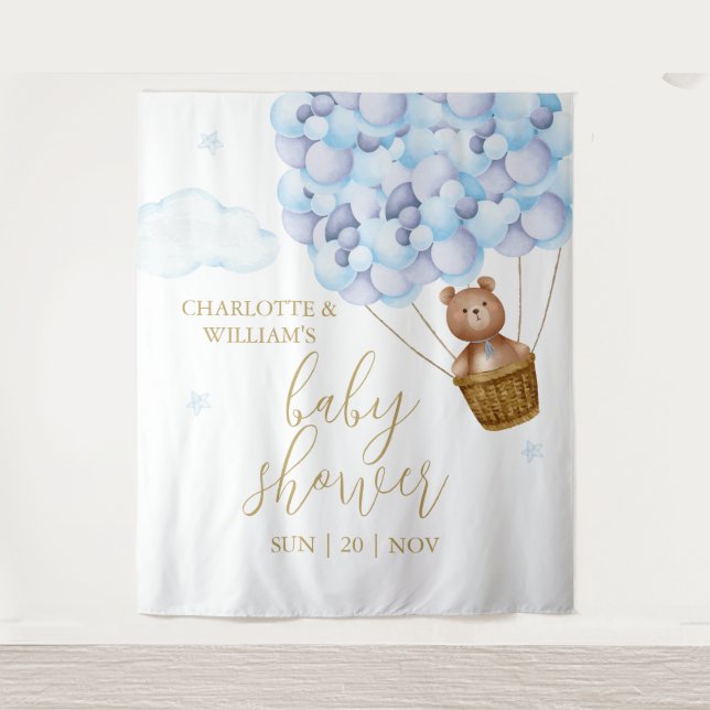 Teddy Bear Blue Baby Shower Photo Backdrop (Front)