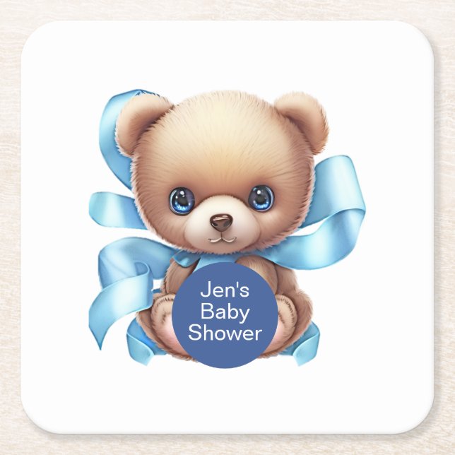 Teddy Bear Blue Baby Shower Square Paper Coaster (Front)